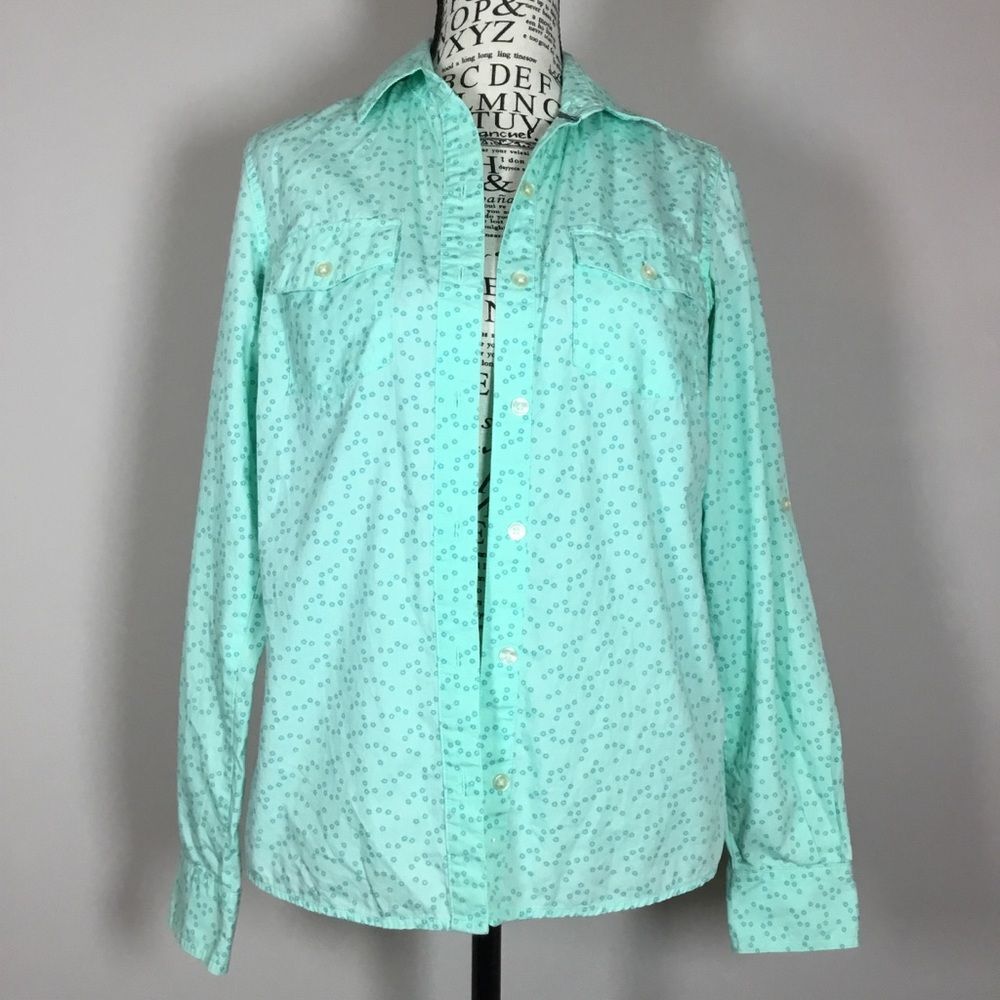 Magellan fish gear aqua & mint green button down shirt pockets sleeve loops S